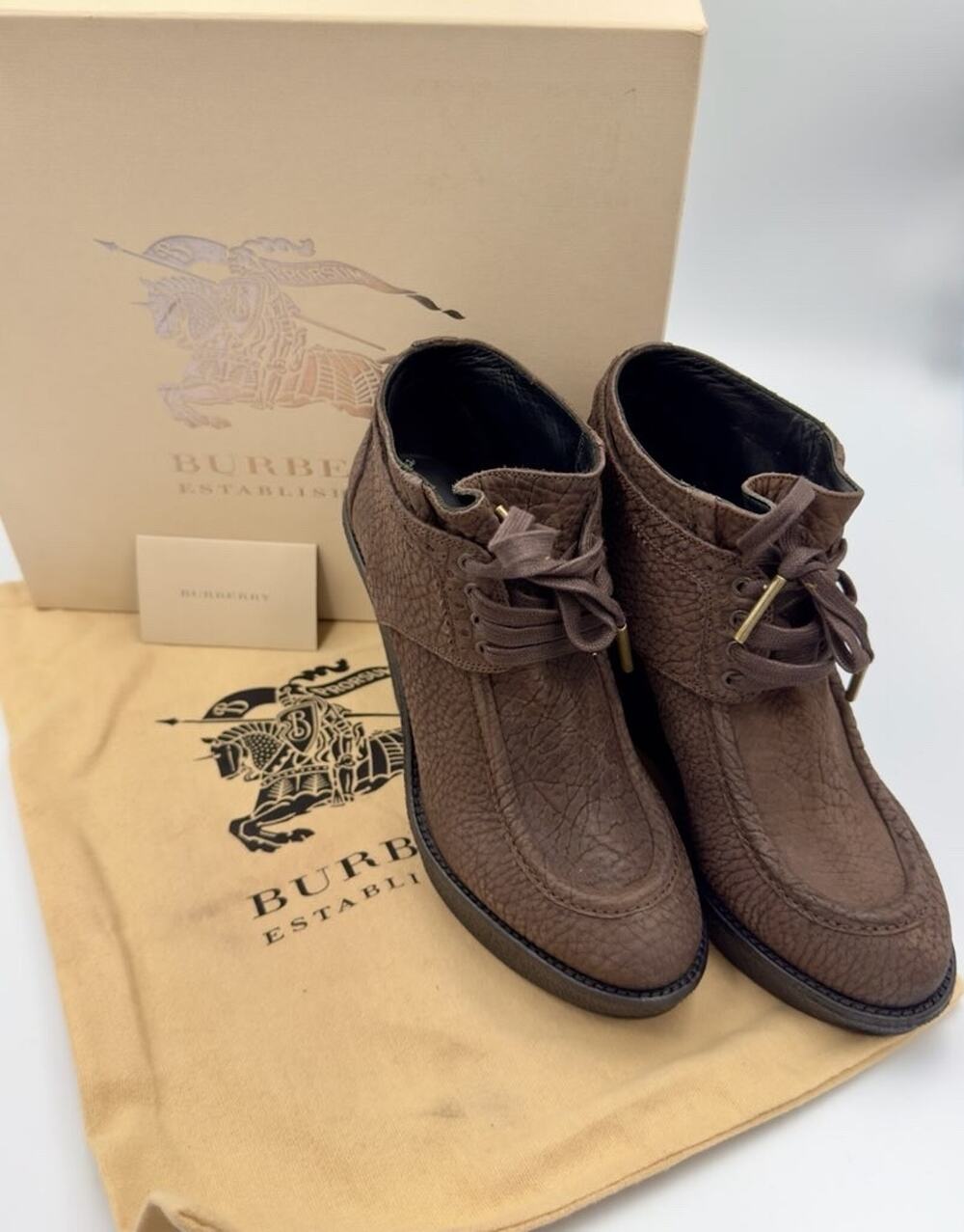 Burberry Blandford 110 Wedge Ankle Boot Leather Taupe Brown 37.5 US 7 NIB